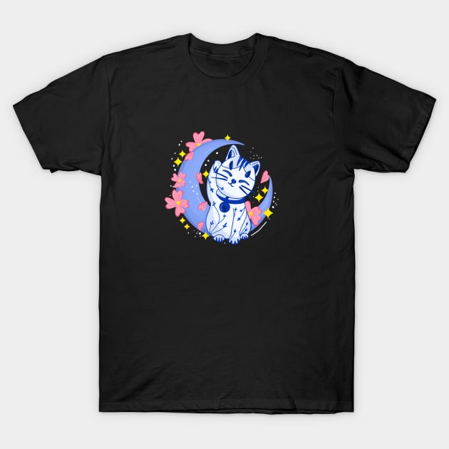 Maneki Neko Moon T-Shirt by Mitalim